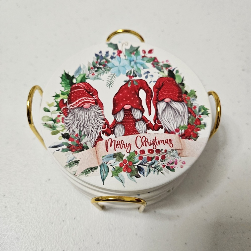 NEW Gnome Christmas Bar Coasters Set of 6 Absorbent Stone Coasters w Holder - Picture 7 of 7